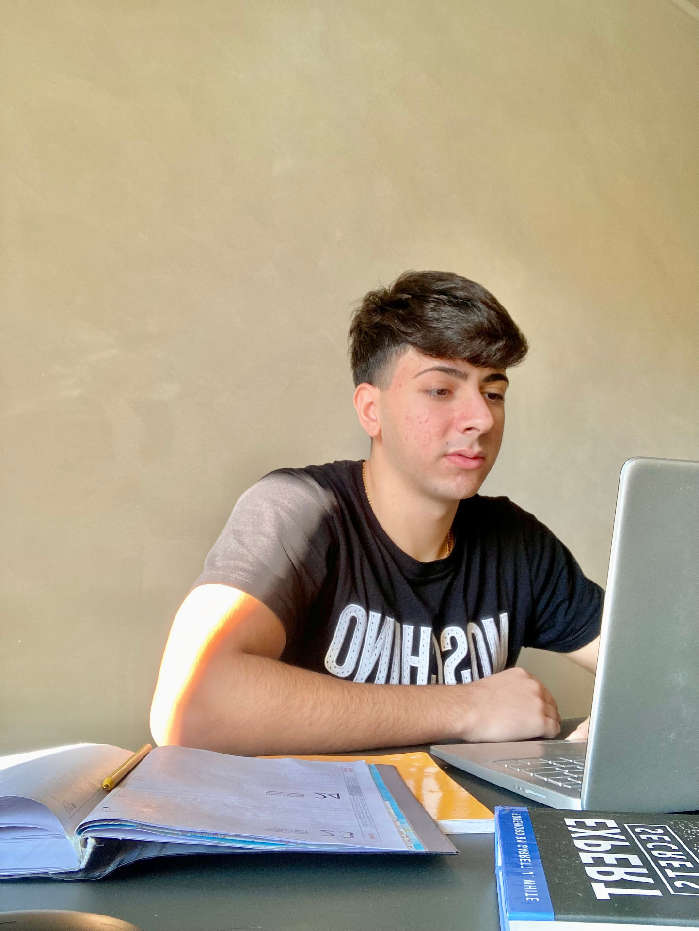 Valerio Tarantini agli inizi, al computer tra libri e quaderni